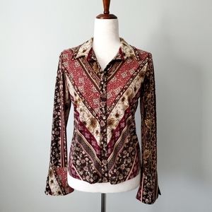 Worthington 70s Retro Patterned Button Down Top With Split Cuffs, Size Small
